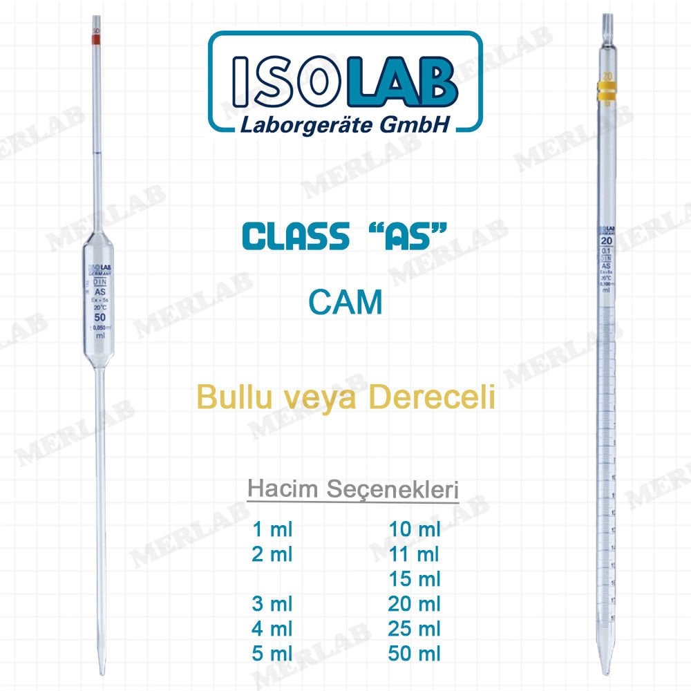 Isolab Dereceli ve Bullu Cam Pipetler Class AS Grup Sertifikalı 50 ml - Bullu
